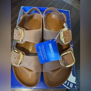 Birkenstock Brown Footbed with Gold Buckles Size 39 - 8-8.5W. NWT and Box